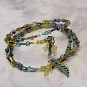 Blue & Green Beaded Wire Wrap‎ Bracelet Leaf Charms Boho Southwestern Costume